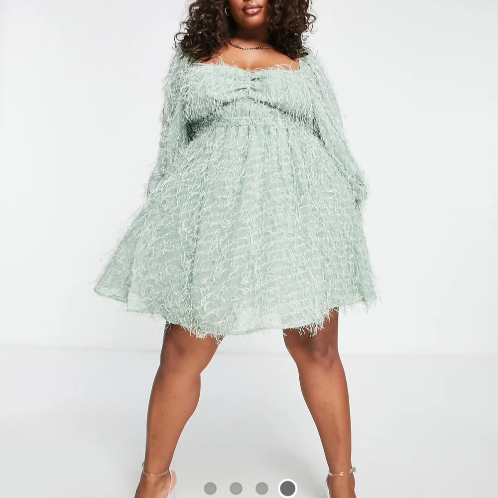 ASOS Curve fluffy mini dress with ruched bust and shirred cuffs in sage green